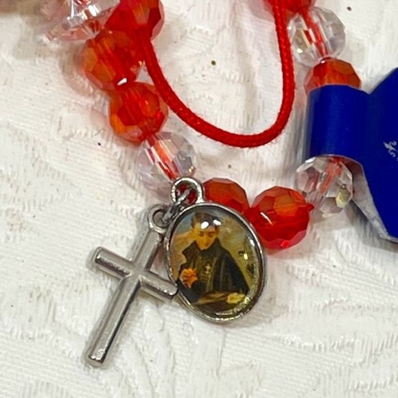 Religious Red & Clear Real Crystal Rosary Bracelet Red Cord Crucifix Charm - Picture 2 of 8